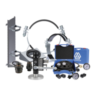 Composite image of accessories for accumulator systems, including valves, mounting brackets and installation components