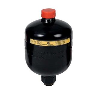 Product image of a black diaphragm accumulator used for pressure stabilization in hydraulic systems