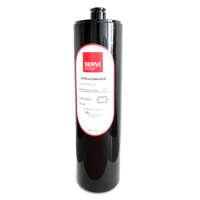 Product image of a black piston accumulator used for pressure stabilization in hydraulic systems