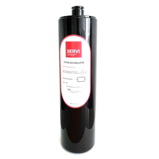 Product image of a black piston accumulator used for pressure stabilization in hydraulic systems