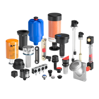 Composite image of accessories for hydraulic filters and systems, including filter housings and elements, clogging indicators, pressure/vacuum gauges, O-rings/seals, hose and tube fittings, breathers/desiccant breathers, magnetic rods, and mounting brackets.