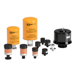 Composite image of MP Filtri desiccant breathers for hydraulic reservoirs, showing moisture-absorbing media and particle filtration to keep contaminants out of the oil.
