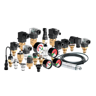 Composite image of MP Filtri filter indicators for hydraulic systems, including visual/mechanical and electrical clogging indicators to monitor filter status and differential pressure.