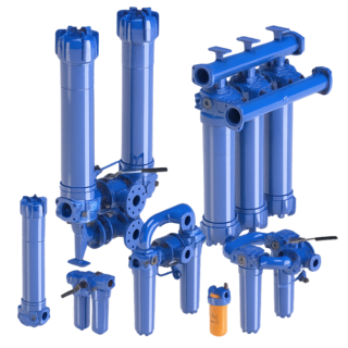 Composite image of MP Filtri pipe-mounted in-line low-pressure filters for systems under 80 bar, showing threaded and flanged connections and clogging indicators for differential pressure—suitable for compact installations.