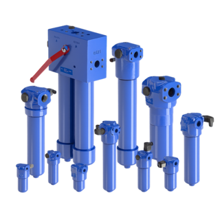 Composite image of MP Filtri pipe-mounted in-line high-pressure filters for systems above 80 bar, showing threaded and flanged connections and clogging indicators for differential pressure—suitable for compact installations.
