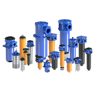 Composite image of MP Filtri return filters for hydraulics, including tank-mounted and in-line/spin-on versions with filter heads and elements, bypass valve, and clogging indicators.