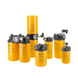 Composite image of MP Filtri spin-on filters with replaceable screw-on cartridges, single and dual heads, integrated bypass valve, and clogging indicator—suitable for return, suction, and offline filtration.