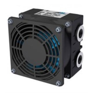 Image of an air-cooled hydraulic oil cooler (air cooler) with a finned radiator and axial fan for cooling hydraulic oil in industrial and mobile applications.