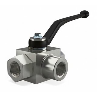 Image of a hydraulic ball valve with lever handle, valve body, and inlet/outlet ports for quick on/off control and robust sealing in high-pressure systems.