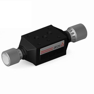 Image of an adjustable flow control valve with hand knob and scale, valve body, and inlet/outlet ports for precise regulation of hydraulic oil flow.