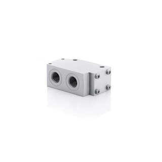 Image of a flow divider in a valve/manifold housing with one inlet and multiple outlets, used to provide synchronized motion and proportional, load-independent division of flow in hydraulic systems.