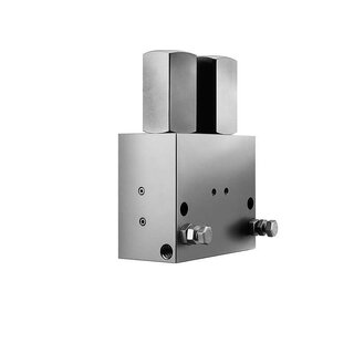 Image of a load control (counterbalance) valve with valve body, inlet/outlet ports, pilot stage and adjustment screw, ensuring safe control of loads and preventing runaway movement.