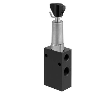 Image of a hydraulic pressure reducing valve with adjustment screw/knob, pilot stage and gauge port, maintaining a reduced downstream pressure in a circuit branch and protecting against overpressure.