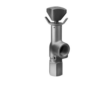 Image of a hydraulic pressure relief valve with adjustment screw/knob, spring and poppet/pilot stage, opening to tank to protect the system and limit maximum pressure.