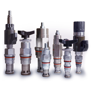 Composite image of hydraulic accessories: solenoid coils for dynamic control, DIN connectors and cables, manual overrides, O-rings/seals, mounting brackets, dust caps, and blanking plugs.