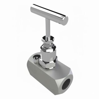 Image of a needle valve with handwheel/knob, stem and seat in a valve body, showing inlet and outlet ports for regulation, isolation, and precise flow control in (hydraulic) systems.