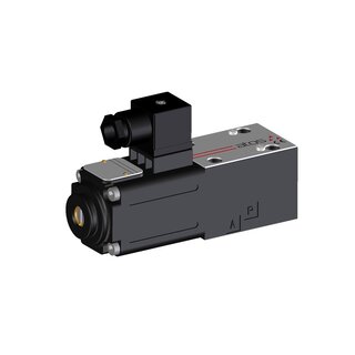 Image of a proportional pressure reducing valve with valve body, spool, and proportional solenoid, electrically controlled to precisely regulate pressure and flow in hydraulic systems.