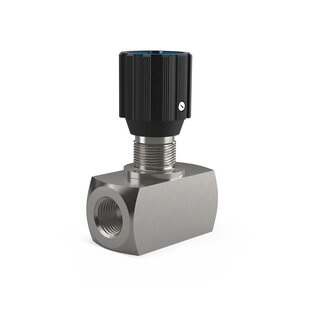 Image of a hydraulic throttle valve with adjustable orifice, hand knob and locknut, showing inlet and outlet ports for precise flow control (optionally with check/bypass function).