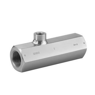Image of a hydraulic check valve with valve body and ports, allowing flow in one direction while preventing backflow in the system.