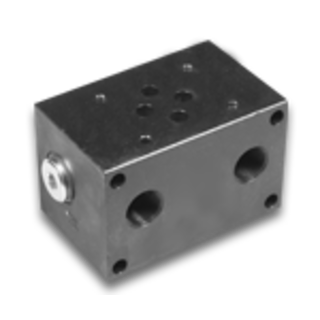 Image of a hydraulic manifold/valve block with machined passages, connection ports and mounting holes, featuring cavities for cartridge valves and a CETOP subplate interface for modular valve stacks.