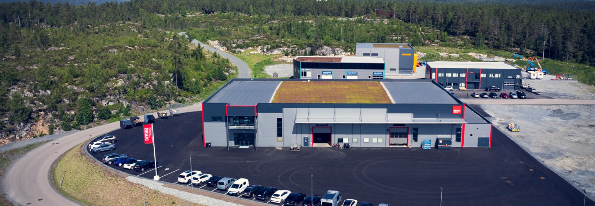 Aerial photo of our facilities in Kongsberg, showcasing the buildings and surroundings from a bird's-eye view.
