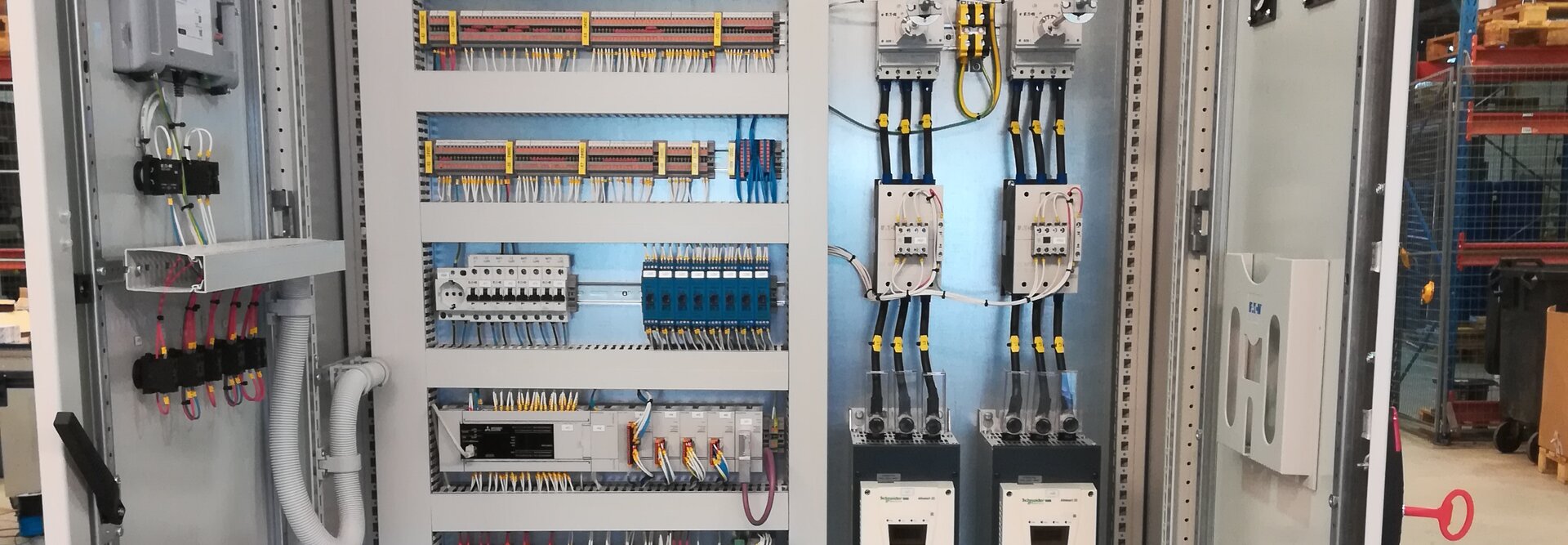 An electrical cabinet fully assembled and ready for shipment to the customer.