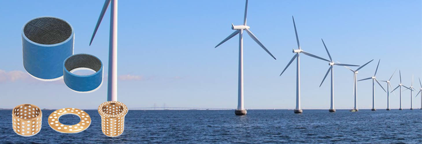 Image of sliding bearings in top of an image of wind mills at sea