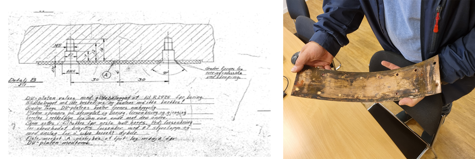 Drawing from 1969 with the use of sliding bearings with DU material - and a picture of the bearing after 55 years in use