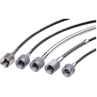 An image of five different test hoses to hydraulics showing variations in design and functions.
