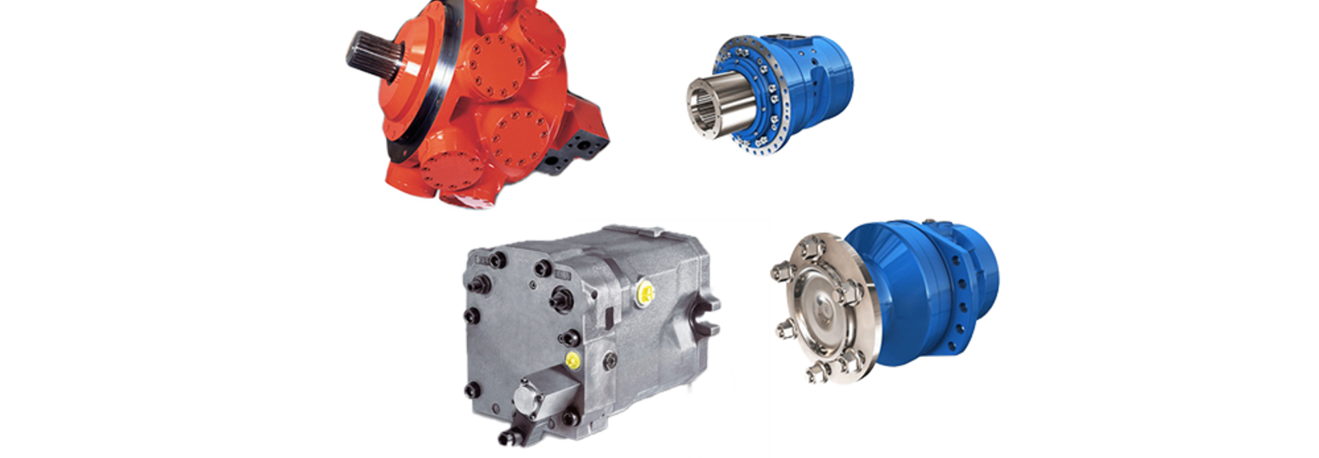 Image of four hydraulic motors from Kawasaki, Hawe, poclain and Moog