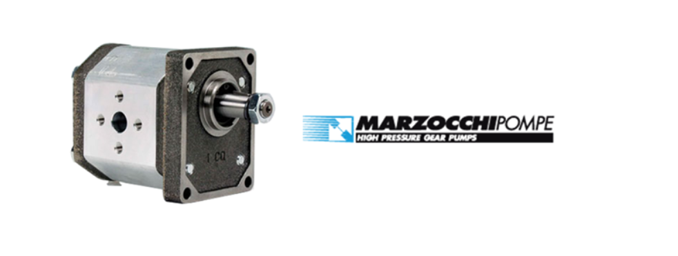Bilde av Marzocchipompe High Pressure Gear Pumps logo og en hydraulikkpumpe fra ELIKA-serien til Marzocchi