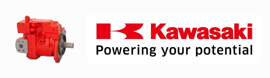 Image of Kawasaki Hydraulics logo and a hydraulic pump K3VL in red