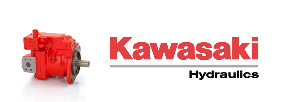 Bilde av Kawasaki Hydraulics logo og en hydraulikkpumpe K3VL rød