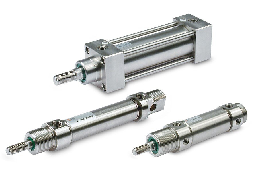 An image of three stainless pneumatic cylinders.