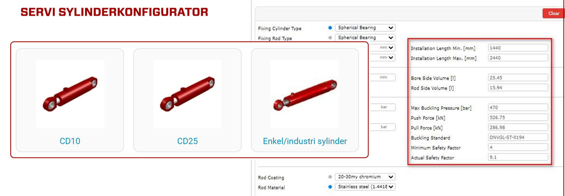 Bilde fra sylinderkonfiguratoren hvor man kan skreddersy CD10, CD25 eller industrisylinder.