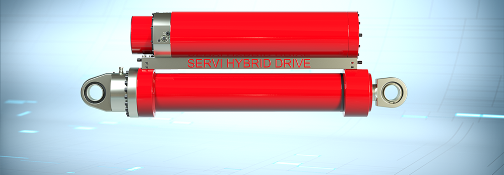 Illustration of the product “Servi Hybrid drive”, a complete red hydraulic cylinder with electrical connection
