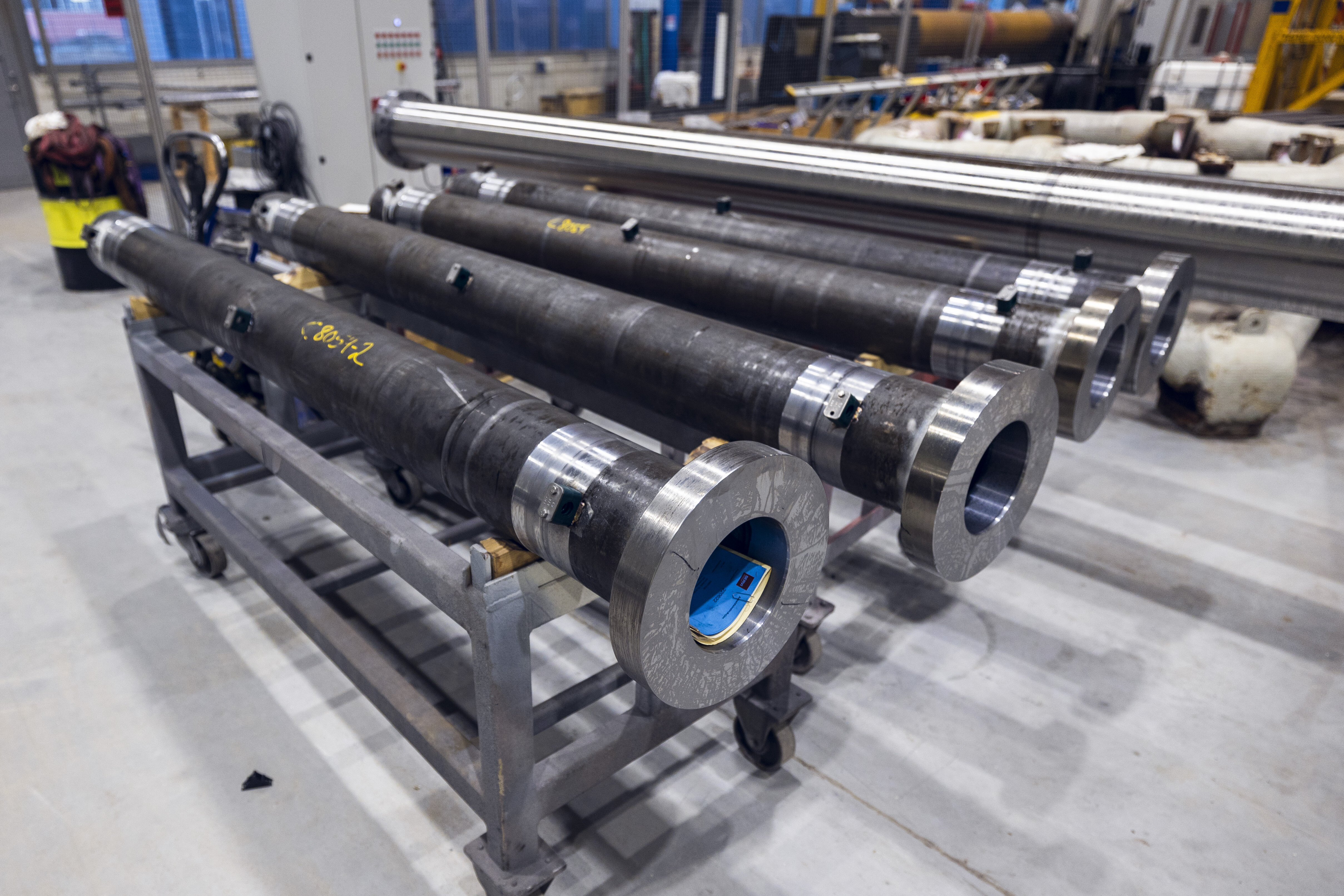 Tension cylinders in the workshop, ready for installation in offshore applications