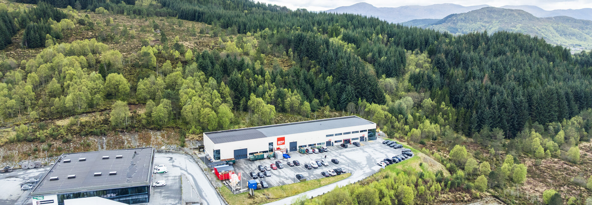 Facade of the Servi Group office in Ulsteinvik taken with a drone
