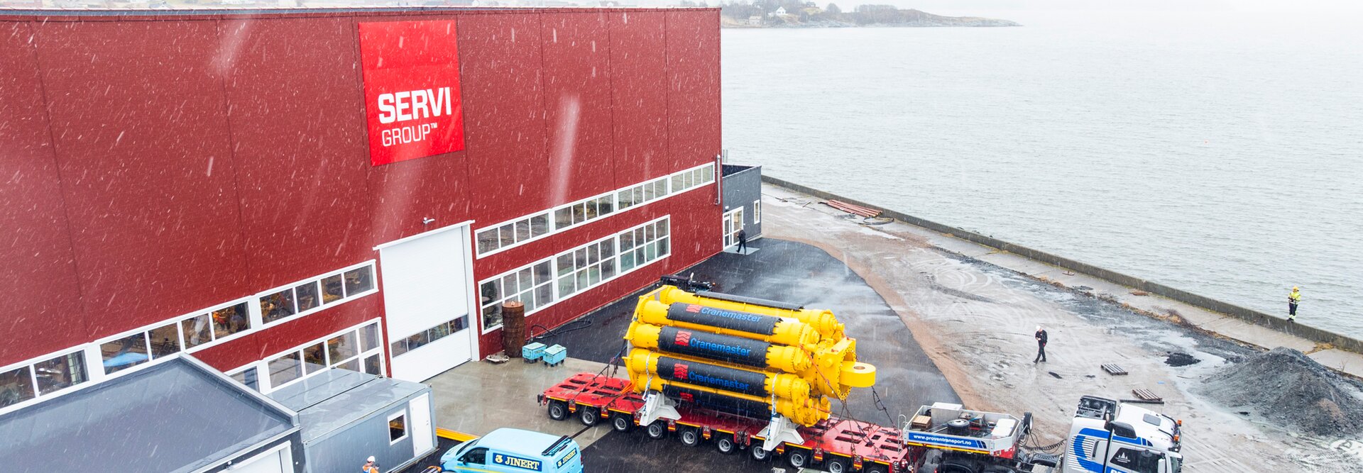 Cranemaster, hydraulic damper, placed on a truck on its way out of the production hall of Servi Group in Rissa